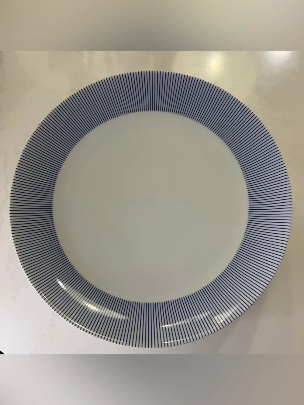 6 Crate&Barrel White Dinner Plates with Navy Pinstripe Rim